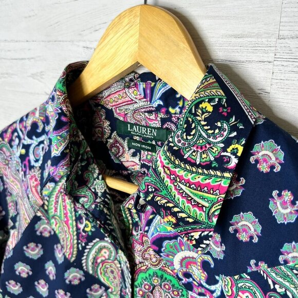 Lauren Ralph Lauren Top Womens Size Large Colorful Paisley Patchwork Non Iron - Picture 9 of 16